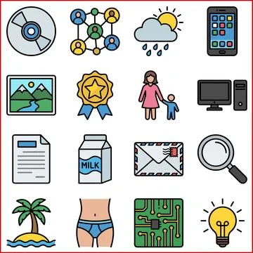 Collection of Diverse Icons Representing Technology, Nature, and Lifestyle. Ilustração Stock
