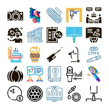 Collection of diverse icons representing various concepts and tools Stock Illustration