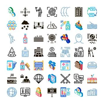 Collection of diverse icons representing various themes and concepts Ilustración de archivo