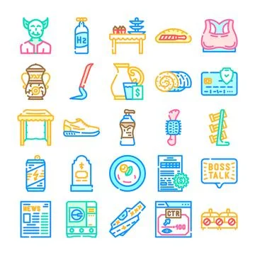 Collection of diverse icons representing various objects and themes Stock Illustration
