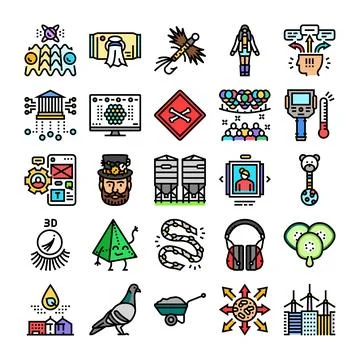 Collection of diverse icons representing various concepts and themes Stock Illustration