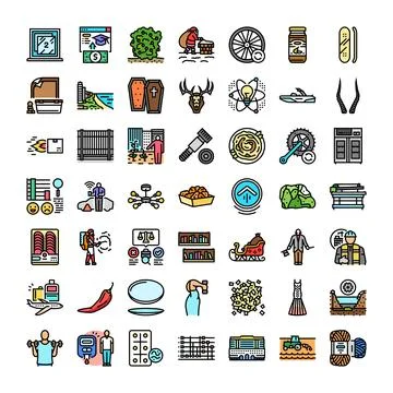 Collection of diverse icons representing various concepts and objects Stock Illustration