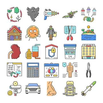 Collection of diverse icons representing various objects and concepts 스톡 일러스트