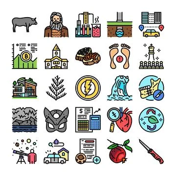 Collection of diverse icons representing various concepts and themes Stock Illustration