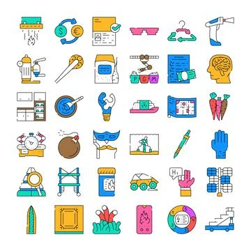 Collection of diverse industry and technology linear icons Stock Illustration
