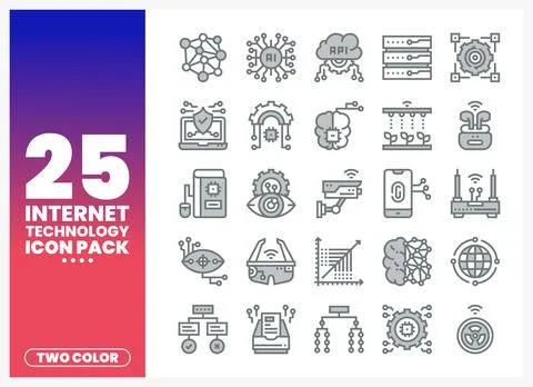 Collection of diverse internet technology icons on a white background. Illustrazione stock