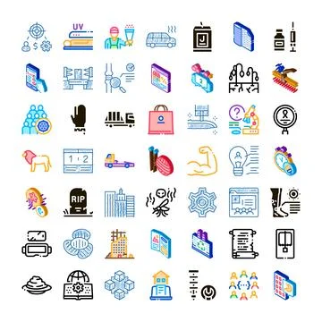 Collection of diverse isometric icons representing various concepts Stock Illustration