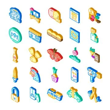 Collection of diverse isometric icons representing various concepts Stock Illustration
