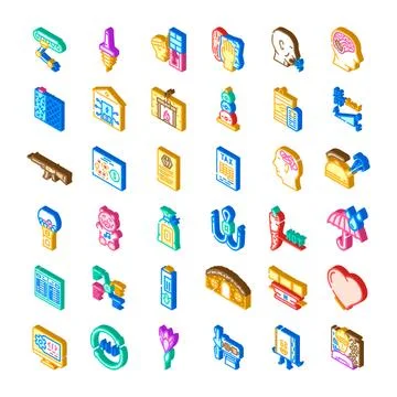 Collection of diverse isometric icons representing various concepts 库存插图