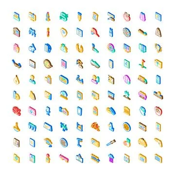 Collection of diverse isometric vector icons for various categories Stock Illustration