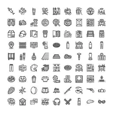 Collection of diverse line icons representing various objects Stock Illustration