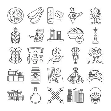 Collection of diverse line icons representing various concepts Ilustración de archivo