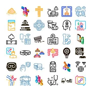 Collection of diverse linear and isometric icons on themes Stock Illustration