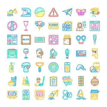 Collection of diverse linear icons presenting technology and food Stock Illustration