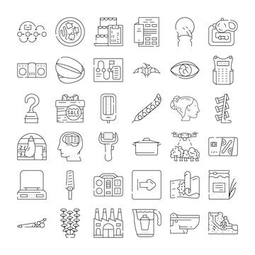 Collection of diverse linear icons presenting various concepts Stock Illustration