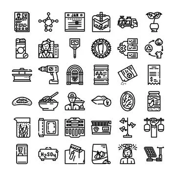 Collection of diverse linear icons representing various concepts Stock Illustration