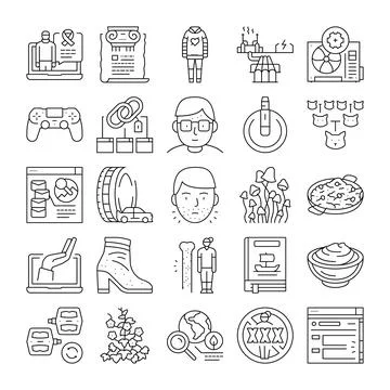 Collection of diverse linear icons representing various concepts 库存插图