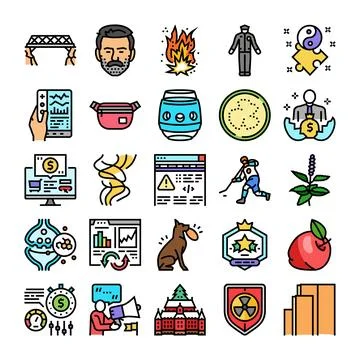 Collection of diverse modern flat design icons illustrating various concepts Stock Illustration