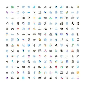 Collection of diverse modern vector icons illustrating business technology 스톡 일러스트