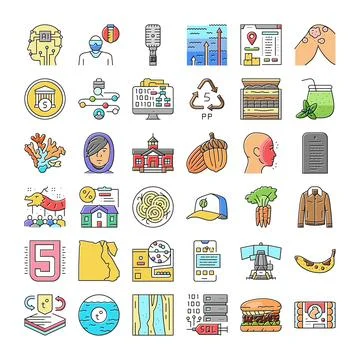 Collection of diverse outline vector icons illustrating various concepts Illustrazione stock