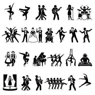 Collection of diverse performance art icons including ballet dancer, breakd.. Ilustração Stock
