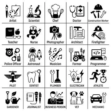 Collection of diverse profession icons representing artist, scientist, chef.. Stock Illustration