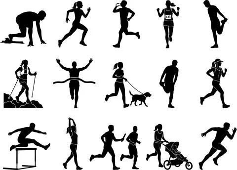 Collection of Diverse Running and Sporting Activity Silhouettes on White Ilustración de archivo