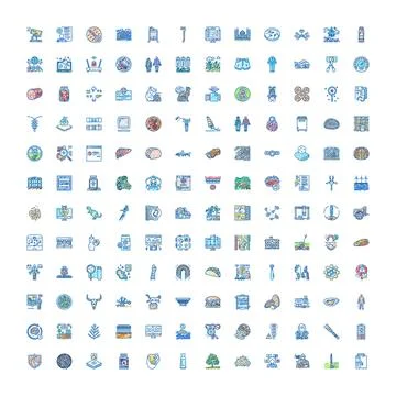 Collection of diverse science technology nature food objects icons Illustrazione stock