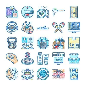 Collection of diverse scribble drawing icons representing various concepts Stock Illustration