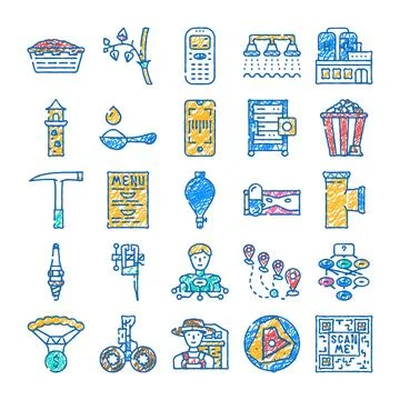 Collection of diverse scribble drawing style icons Illustrazione stock