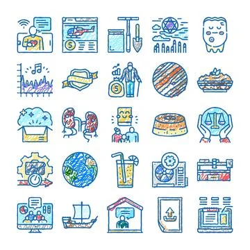 Collection of diverse scribble drawing style icons Stock Illustration