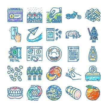 Collection of diverse scribble icons depicting various concepts Illustrazione stock