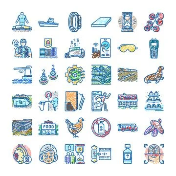 Collection of diverse scribble line icons illustrating various concepts Illustrazione stock