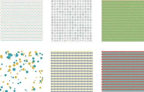 A collection of diverse seamless patterns featuring colorful dots triangles.. Stockillustratie