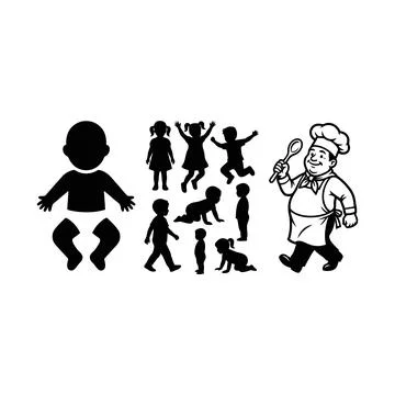 Collection of diverse silhouettes representing different stages of childhoo.. Stock Illustration