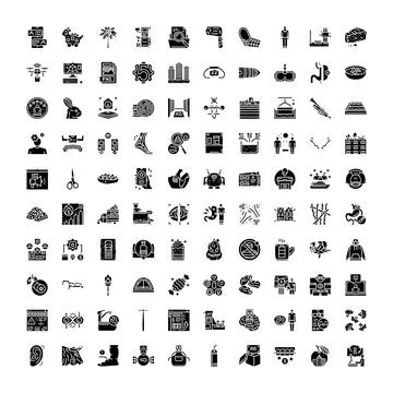 Collection of diverse solid glyph icons digital set 库存插图