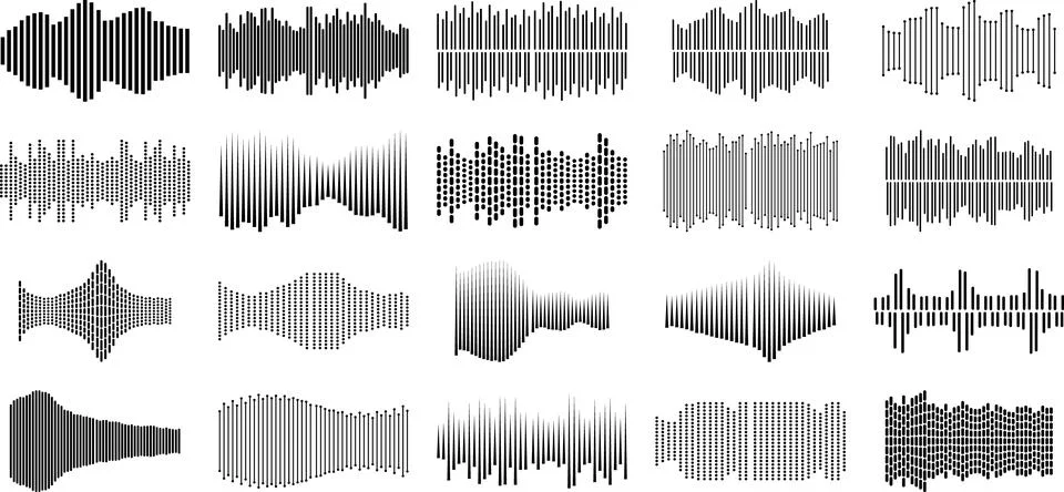Collection of diverse sound wave forms displayed in various patterns and st.. Ilustración de archivo