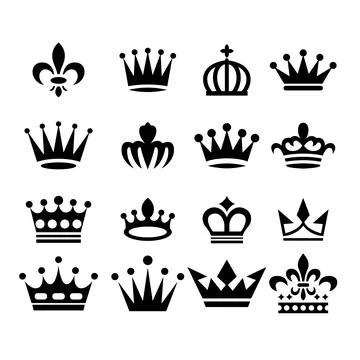 A collection of diverse, stylized crown icons for crowns, featuring various.. Stock Illustration