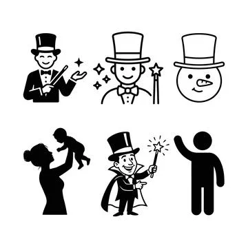 Collection of diverse stylized icons featuring magicians performing tricks .. Stock Illustration