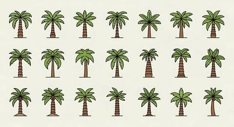 Collection of diverse stylized palm trees in flat design perfect for tropic.. Illustrazione stock