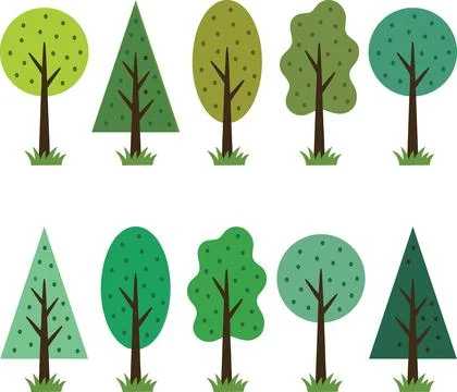 Collection of Diverse Stylized Trees in Various Shapes and Colors. Stock Illustration