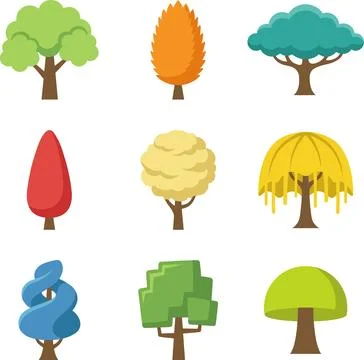 Collection of Diverse Stylized Trees in Various Colors and Shapes. Stock Illustration