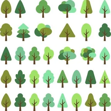Collection of Diverse Stylized Trees in Various Shapes and Colors. Illustrazione stock
