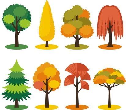 Collection of Diverse Stylized Trees in Various Seasons and Shapes. Stock Illustration