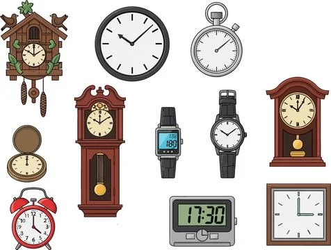 Collection of Diverse Timekeeping Devices, Clocks and Watches Stock Illustration