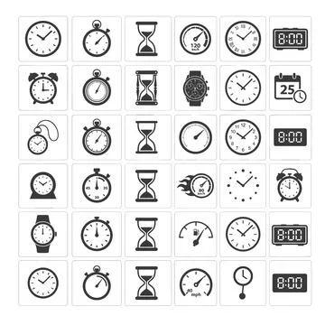 Collection of diverse timekeeping icons including analog clocks, digital al.. Stock Illustration