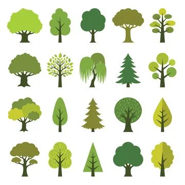 Collection of Diverse Tree Illustrations in Various Styles. Stock Illustration