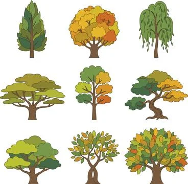 Collection of Diverse Tree Illustrations in Various Styles. Stock Illustration