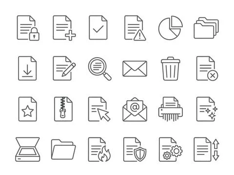 Collection of document icons representing security, editing, download, sear.. Stock Illustration