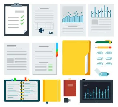 Collection documents, stationeries and laptop vector illustration in flat design Stock Illustration